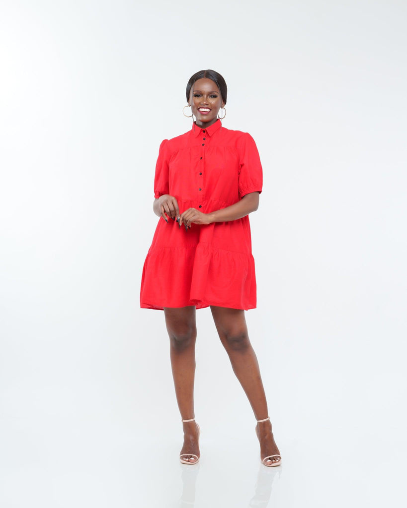 Sweet Nothings Tiered Shirt Dress in RED - Ikojn